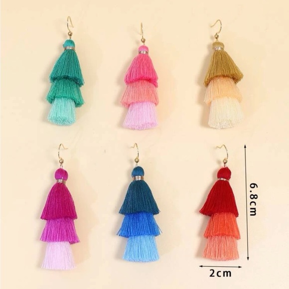 Teal tiered tassel drop earrings never worn - Picture 12 of 13